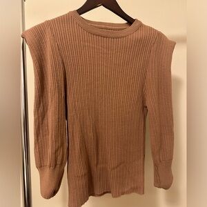 Ribbed Short-Sleeve Crewneck Top in Camel